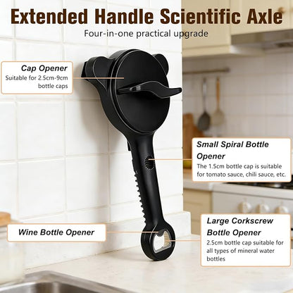 Multi-Functional Retractable Jar & Bottle Opener, Magnetic Stainless Steel Can Opener with Ergonomic Handle, Friendly Kitchen Gadget (black)