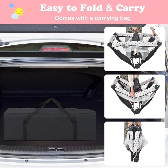 INFANS 3 in 1 Pack and Play, Portable Travel Baby Bassinet with Detachable Mattress, Changing Table, Foldable Playpen with Carry Bag, 2 Wheels (Cartoon)