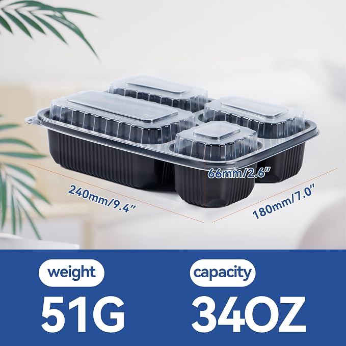 To Go Containers 40 Pack 34oz - Shrink-Wrapped Ready to Use | 4-Compartment Leak-Resistant No Pre-Wash | BPA Free Shatterproof Flexible PP | Microwave Safe, Catering & Leftover Storage