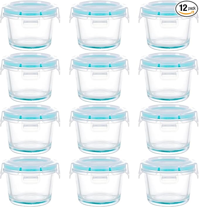 Mini Glass Food Storage Containers - 12 Pack 5 oz Small Glass Jars with Locking Lids - Airtight Food Containers - Freezer, Microwave, Dishwasher Safe