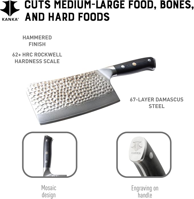 KANKA Grill 7" Damascus Steel Meat Cleaver Knife - Heavy Duty Butcher, Chopper, Razor Sharp, 67 Layers, G10 Black Fiberglass Handle, High Carbon Blade for Meat, Vegetables & Bone Cutting