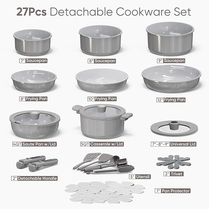 CAROTE 27pcs Ceramic Cookware Set Nonstick, Pots and Pans Set Non Stick, Non Toxic Cookware Detachable Handles, Dishwasher/Oven Safe, RV/Camping Cookware with Kitchen Utensils, Gray