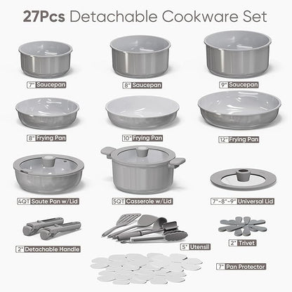 CAROTE 27pcs Ceramic Cookware Set Nonstick, Pots and Pans Set Non Stick, Non Toxic Cookware Detachable Handles, Dishwasher/Oven Safe, RV/Camping Cookware with Kitchen Utensils, Gray
