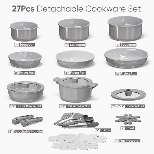 CAROTE 27pcs Ceramic Cookware Set Nonstick, Pots and Pans Set Non Stick, Non Toxic Cookware Detachable Handles, Dishwasher/Oven Safe, RV/Camping Cookware with Kitchen Utensils, Gray