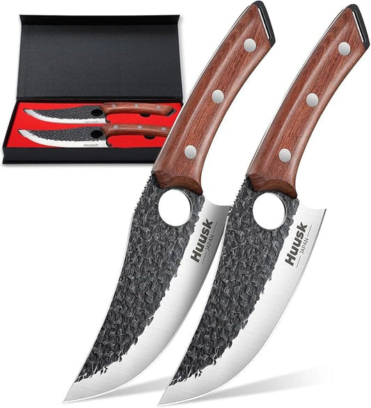 Huusk Viking Knife Set of 2, Japanese Butcher Knife Set for Meat Cutting, Hand Forged Boning Knives with Wood Handle, High Carbon Steel Japanese Knives for Camping, BBQ, Gift Idea for Men Women