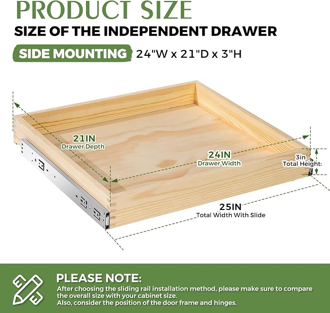 Wooden Pull Out Cabinet Organizer 24" W x 21" D x 3" H Solid Wood Drawer with Soft Close Slides Bottom or Side Mount for Pantry Bathroom Bedroom Dining Room Storage