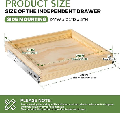 Wooden Pull Out Cabinet Organizer 24" W x 21" D x 3" H Solid Wood Drawer with Soft Close Slides Bottom or Side Mount for Pantry Bathroom Bedroom Dining Room Storage