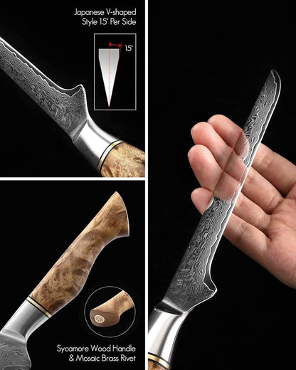 HEZHEN 6-Inch Boning Knife – 67 Layers Damascus Steel, Professional Meat Trimming & Deboning Knife for Home Cooking, Figured Sycamore Handle
