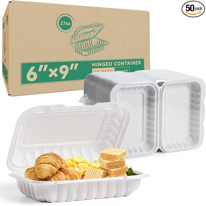 50 Pack 27oz 9x6 Takeout Containers - Shrink Wrapped No Pre-Wash | BPA Free MFPP Sturdy | Reusable & Secure Seal | Microwave Safe To Go Boxes for Leftovers, Catering & Meal Delivery | White