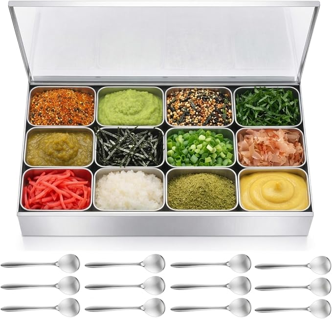 Boao 12 Compartment 304 Yakumi Pans Stainless Steel Seasoning Condiment Container with Lids Spoons, Japanese Yakumi Pans Mini Sauces Salad Dressings Storage for Food, Herbs, Spices