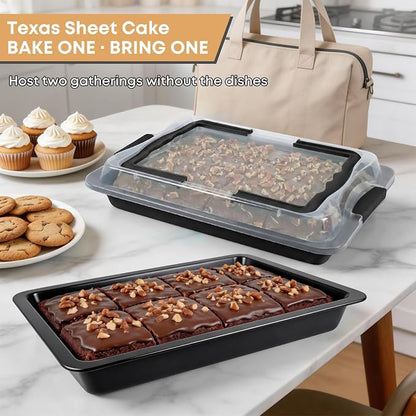 Black Sheet Cake Pan with Lid, 2-Pack 15"×10"×2" Deep Jelly Roll Pan, Nonstick Ceramic Coating, PFOA & PTFE Free, Oven Safe 450°F, for Texas Sheet Cake, Brownies, Potluck