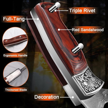 3PCS Butcher Knife Set High-Carbon Steel with Hammered Texture for Kitchen Stainless Steel Hand Forged Chef Knives, Nonslip Wood Handle, Meat Cutting Butchering Cleaver & Bone Chopper