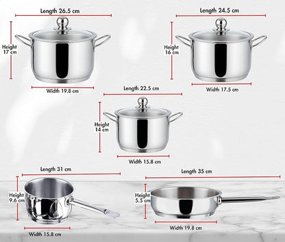 Vinod Stainless Steel Induction Friendly Tuscany Set 5 Pieces - Saucepan (14 cm/1.3 Litre), 3 Cassseroles (14 cm,16 cm & 18 cm/1.3,2 & 2.8 Litre), Frypan (18 cm) & 3 Glass Lids