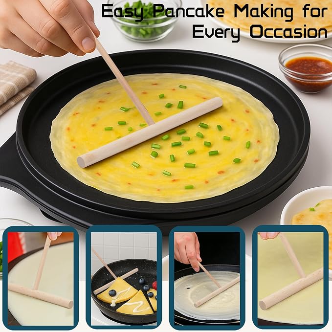 Crepe Spreader and Spatula Set – 4-Pack Natural Wood Pancake Tools with 3 T-Shaped Spreaders (3.5", 5", 7") & 13.4" Turner – Fits Any Crepe Pan or Maker