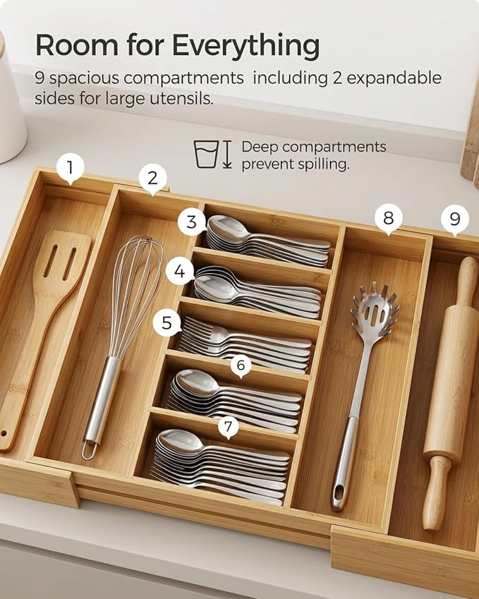 Expandable Bamboo Silverware Drawer Organizer – Adjustable 29" Wide Wooden Utensil Tray with 9-Compartments, Large Kitchen Flatware & Spoon Holder, Natural Solid Wood for Drawers