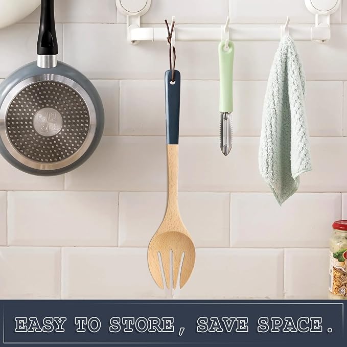 AOOSY Wooden Salad Fork Spoon, 12 Inch 2-in-1 Beechwood Cooking Fork with 4.3 Inch Heat Resistant Rubber Grip Handle for Nonstick Cookware, Mixing Tossing Serving Salad Pasta and Fruits, Hanging Rope