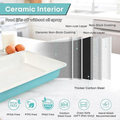 Sheet Cake Pan with Lid Set of 2, 15"×10"×2" Deep Jelly Roll Pan, Non-Stick Ceramic Coating Baking Pan, Oven Safe 450°F, PFOA Free, Teal — Bake, Snap & Carry for Parties & Potlucks