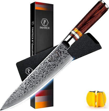 Fanteck Chef Knife 8 Inch, Japanese Damascus Kitchen Knife, Vg10 67 Layer High Carbon Stainless Steel Professional Sharp Chef’s Knife,Pakkawood Handle,Gift box,Plastic sheath& Sharpener