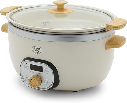 GreenLife 6QT Slow Cooker, Non-Toxic PFAS-Free Ceramic Nonstick Removable Interior Bowl, Programmable, Family Friendly, Keep Warm, Stovetop & Oven Safe, Dishwasher Safe Crock, Timer, Glass Lid, Cream