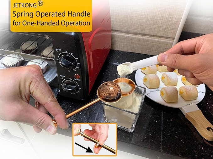 JETKONG Powdered Sugar Shaker Duster Flour Dispenser Shaker with 18/8 Stainless Steel Spring-operated Handle for Sugar Flour and Spices (Brown)