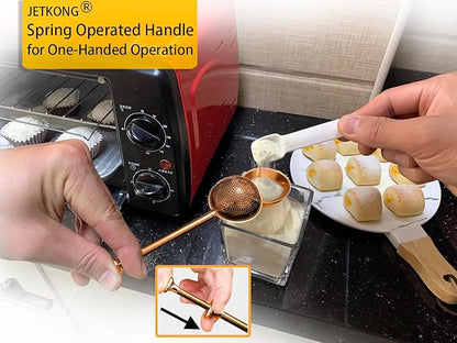 JETKONG Powdered Sugar Shaker Duster Flour Dispenser Shaker with 18/8 Stainless Steel Spring-operated Handle for Sugar Flour and Spices (Brown)