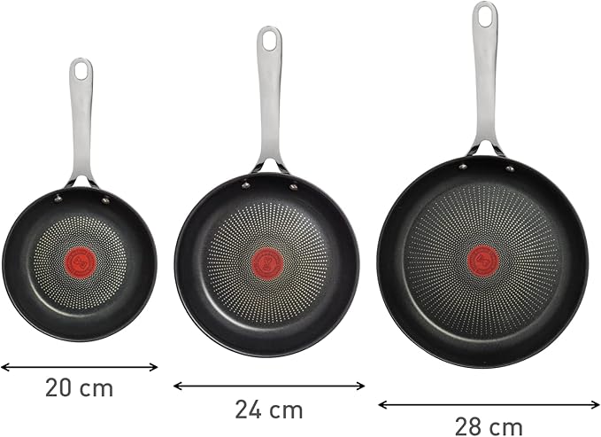 T-Fal x Jamie Oliver Nonstick Coated Stainless Steel Pans 8", 9.5" & 11", Frypan Set Induction Compatible, Oven Safe up to 500°F, Chef's Stainless Steel Skillet, Frying Pan, Silver