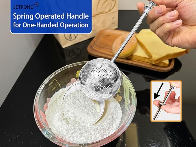 JETKONG 2 Pcs Flour Sifter, Stainless Steel Flour Duster for Bread Baking, Bakers Dusting Wand for Powdered Sugar and Spices (Small+Large, Silver)