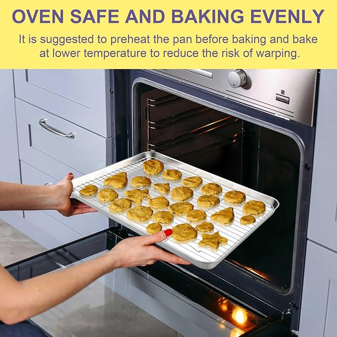 TeamFar Stainless Steel Baking Sheet, 12.5inch Baking Pans Cookie Sheets for Baking with Cooling Rack & Silicone Baking Mat - 2 Sheet Pans + 2 Roasting Racks + 2 Silicone Mats, Non Toxic, Easy Clean