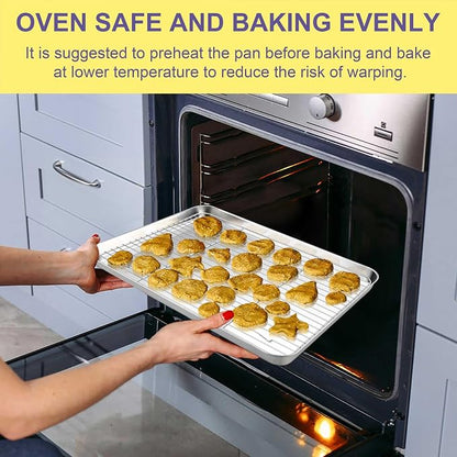 TeamFar Stainless Steel Baking Sheet, 12.5inch Baking Pans Cookie Sheets for Baking with Cooling Rack & Silicone Baking Mat - 2 Sheet Pans + 2 Roasting Racks + 2 Silicone Mats, Non Toxic, Easy Clean