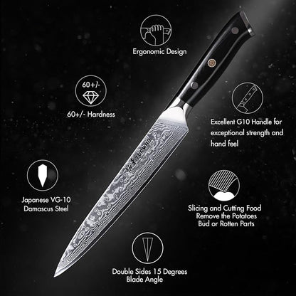 TURWHO Professional Sashimi Knives 8 Inch - Slicing Knife Classic Damascus Japanese VG-10 Steel Kitchen Chef Knife