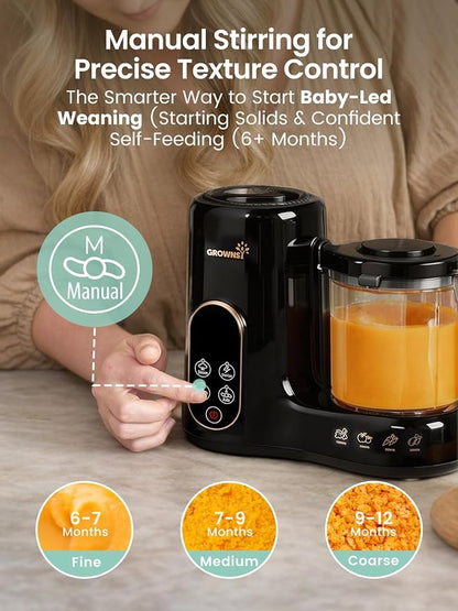 Grownsy Baby Food Maker with Dual-Layer Steam Basket | Baby Food Processor for Starting Solids & Babies 6+ Months | Steamer Blender & Puree Machine for Healthy Baby Food, BPA-Free,Black & Gold