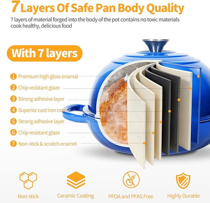 Mini Double Dutch Oven For Sourdough Bread Baking, 5QT Enameled Cast Iron Dutch Oven Pot With Lid, Non Stick Dual Round Bread Loaf Pan, 500°F Oven Safe, Sourdough Baking Pan For Homemade Baking
