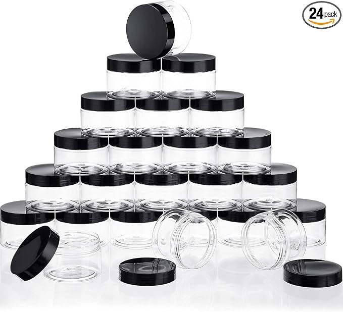 SATINIOR 24 Pieces Empty Clear Plastic Jars with Lids Round Storage Containers Wide-Mouth for Beauty Product Cosmetic Cream Lotion Liquid Butter Craft and Food (Black Lid, 2 oz)