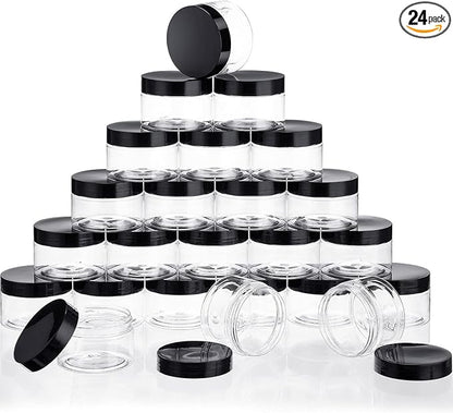 SATINIOR 24 Pieces Empty Clear Plastic Jars with Lids Round Storage Containers Wide-Mouth for Beauty Product Cosmetic Cream Lotion Liquid Butter Craft and Food (Black Lid, 4 oz)