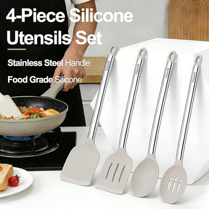 Vayvnt 4 Pieces Silicone Kitchen Spatula Utensils Set, Silicone Cooking Utensils for Non-Stick Cookware, Heat Resistant Silicone Utensils for Cooking, Kitchen Spatula Turner, Dishwasher Safe, Khaki