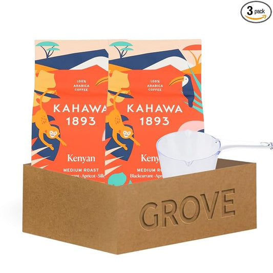Kenya – 3x Kahawa 1893 Coffee Whole Bean Medium Kenyan 12 oz Bundle with Plastic Clear Measuring Cup – Balanced Medium Roast with Smooth Blackcurrant and Apricot Notes Gift Set (3 Items)