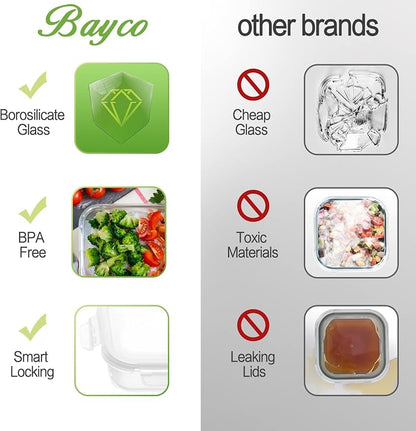 Bayco 10 Pack Meal Prep Containers, Glass Food Storage Containers with Lids, Airtight Lunch Bento Boxes, BPA-Free & Leak Proof (10 lids & 10 Containers) - White