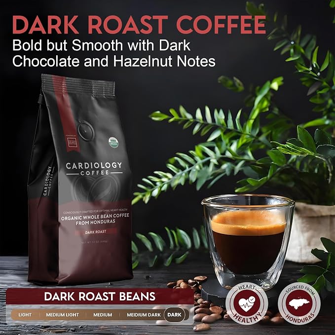 Cardiology Coffee – Whole Bean Coffee – USDA Certified Organic, Mold Free 12oz Dark Roast Coffee Beans - Organic Barista-Style Beans with Antioxidant Benefits – Perfect for Heart Healthy Lifestyle
