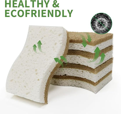 9 Pack Biodegradable Natural Kitchen Sponge - Compostable Cellulose and Coconut Walnut Scrubber Sponge - Eco Friendly Sustainable Sponges for Dishes