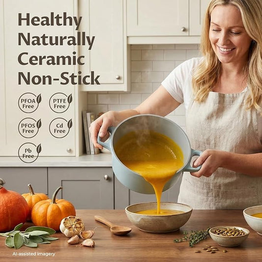 BEZIA 5.7 Quart Nonstick Ceramic Stock Pot with Lid, Lightweight Die-Cast Aluminum Dutch Oven Style Cooking Pot for Soup, Family Stew & Braising, Oven Safe Casserole, Induction Ready, for 3-5 People