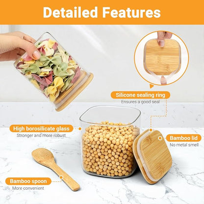 Square Glass Jar with Lid, 2 Pack 24 Fl.oz Glass Jars with Bamboo Lids, Clear Airtgiht Flour Sugar Storage Containers for Coffee, Tea, Cereal, Candy - Included Labels, Marker and Spoon