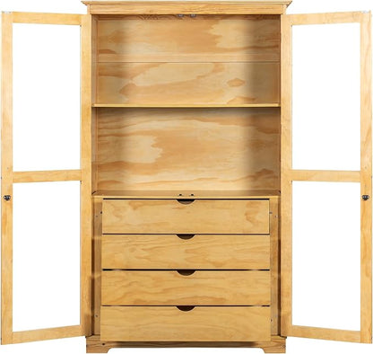 VilroCaz 75'' Tall Kitchen Pantry, Wood Freestanding Kitchen Storage Cabinet Display Cabinet with Glass Doors and 4 Built-in Drawers for Living Room Home Office (Natural-6.21)