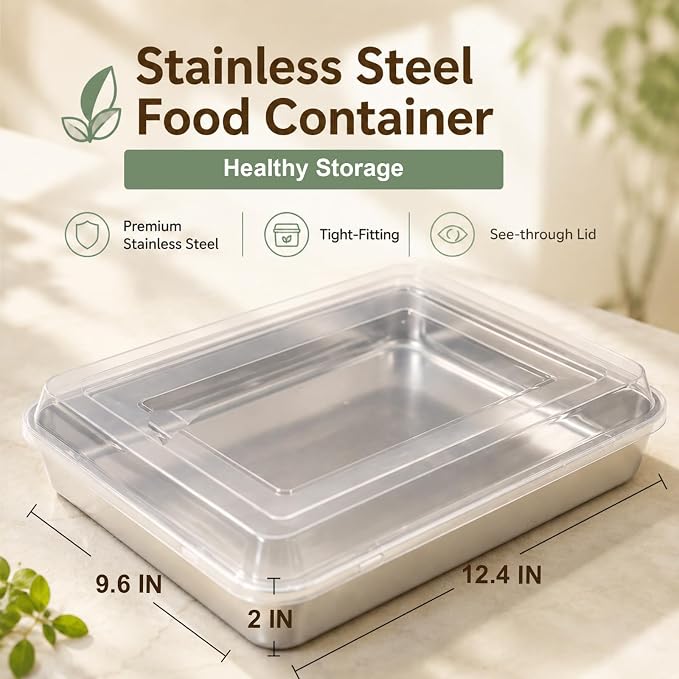 E-far Stainless Steel Baking Pan with Lid, 12⅓ x 9¾ x 2 Inch Rectangle Sheet Cake Pans with Covers Bakeware for Cakes Brownies Casseroles, Non-toxic & Healthy, Heavy Duty & Dishwasher Safe