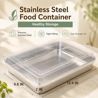 E-far Stainless Steel Baking Pan with Lid, 12⅓ x 9¾ x 2 Inch Rectangle Sheet Cake Pans with Covers Bakeware for Cakes Brownies Casseroles, Non-toxic & Healthy, Heavy Duty & Dishwasher Safe
