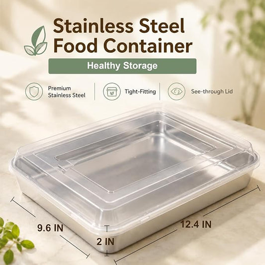 E-far Stainless Steel Baking Pan with Lid, 12⅓ x 9¾ x 2 Inch Rectangle Sheet Cake Pans with Covers Bakeware for Cakes Brownies Casseroles, Non-toxic & Healthy, Heavy Duty & Dishwasher Safe