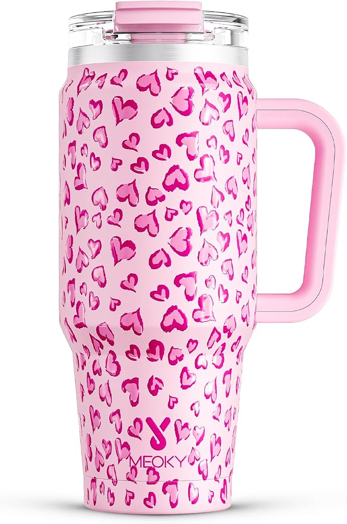 Meoky 32 oz Tumbler with Handle, Insulated Tumbler with Lid and Straw, Stainless Steel Travel Mug, Keeps Cold for 24 Hours, 100% Leak Proof, Fits in Car Cup Holder (Love)