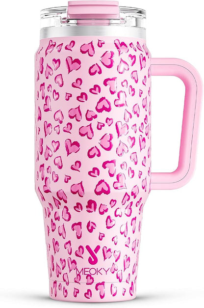 Meoky 32 oz Tumbler with Handle, Insulated Tumbler with Lid and Straw, Stainless Steel Travel Mug, Keeps Cold for 24 Hours, 100% Leak Proof, Fits in Car Cup Holder (Love)