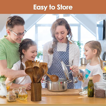 comfoyar Wooden Kitchen Cooking Utenails Set, 7 Pieces Natural Teak Wooden Spoons for Cooking with Spatula and Ladle, Heat Resistant Kitchen Cookware for Nonstick Pan