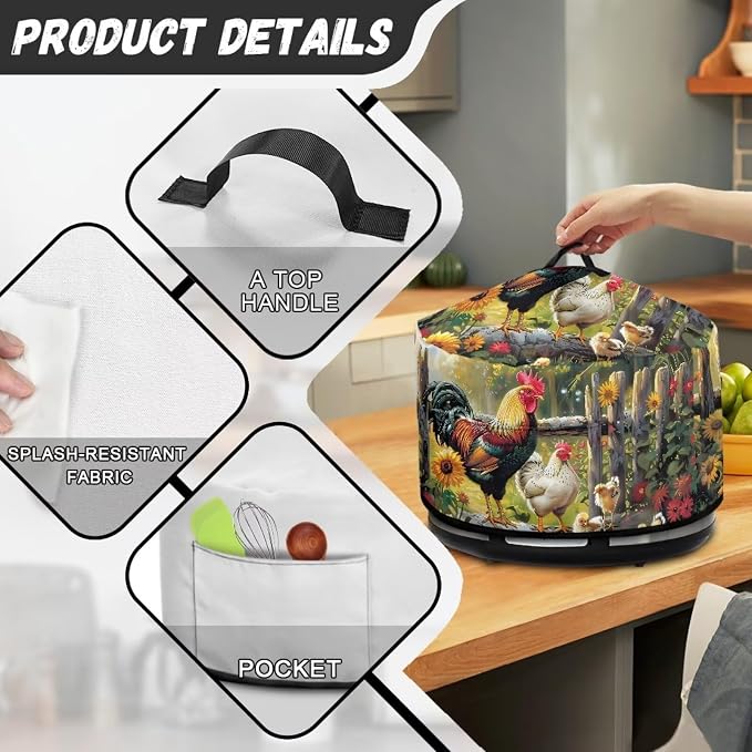 Farm Chickens Rooster Slow Cooker Dust Cover Crock for Pot Covers Fits 6-8 qt Oval Slow Cooker Small Appliance Protection Cover with Pocket Kitchen Accessories Decor