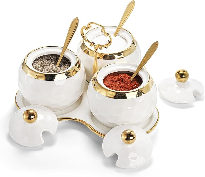 Foraineam Porcelain Condiment Pot Sugar Bowl Spice Jars with Lid, Spoon and Tray, Salt Container Spice Box Seasoning Pots, White Sugar Salt Bowls Set for Kitchen, Restaurant, Coffee Bar, Set of 3